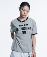 ナンバリングパッチクロップリンガーTシャツ - グレー