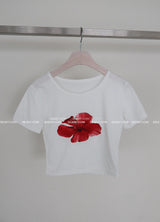 フラワープリントクロップド半袖Tシャツ