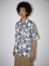 Short-sleeved pure cotton vintage casual floral shirt with texture effect