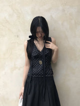 French Dot V-Neck Sleeveless Blouse