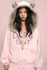 eat me plz* Cathy Cat Ear Fur Fleece Hoodie for Autumn-Winter Warmth Jacket