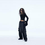 Washing Corduroy Cargo Banding Denim Pants Black