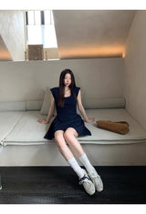 Navy Round Square Flared Dress
