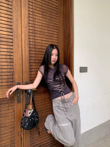 Corset strap back see-through short sleeve T-shirt