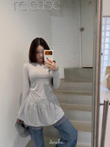 Trendy lace frill long-sleeved shirring T-shirt