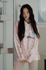 satin pink V-neck block core sweatshirt