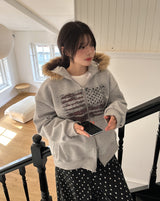 America Dirty Printing Brushed Fur Hood Zip-Up