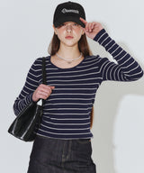 ROUND NECK STRIPED RIBBED KNIT_NAVY