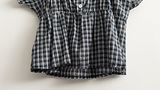 Checkered Ruffle Square Button Short Sleeve Blouse
