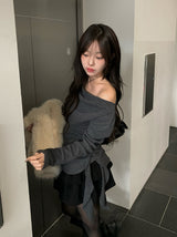 Mulder Off-Shoulder Unbalanced Shirring Frill Knit