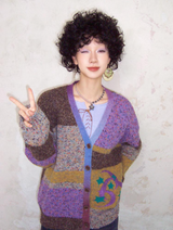 Color dot jacquard patchwork knitted cardigan sweater