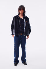 WOOL BLEND PIQUÉ TEXTURE CROSS TOTEM EMBROIDERY RAW-EDGE FOUR-COLOR BUTTON CARDIGAN