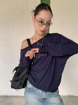 Navy unbalanced off-shoulder beads loose fit sweatshirt