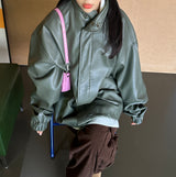 (UNISEX) LEATHER FAUX-LEATHER AUTUMN BOXY ルーズフィットフィールドジャケット – KHAKI