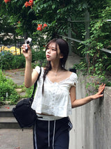 Amu Lace Frill Button Puff Short Sleeve Blouse