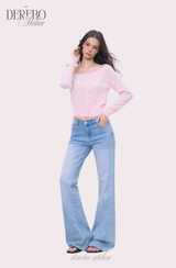 Pink dot unbalanced shoulder top