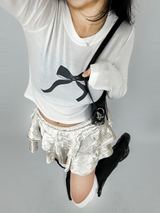 ベーシックボウディテールセミクロップドストレッチラウンドUネック長袖Tシャツ