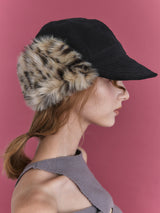 FUR EARFLAP CAP IN BLACK LEOPARD