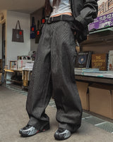 ピンストライプワークパッチワイドデニムパンツ