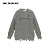 Khaki and Gray Cotton Acrylic Blend Frayed Edge Embroidered Patch Oversized Crewneck Knit Sweater