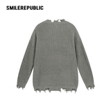 Khaki and Gray Cotton Acrylic Blend Frayed Edge Embroidered Patch Oversized Crewneck Knit Sweater