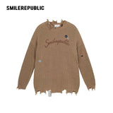 Khaki and Gray Cotton Acrylic Blend Frayed Edge Embroidered Patch Oversized Crewneck Knit Sweater