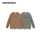 Khaki and Gray Cotton Acrylic Blend Frayed Edge Embroidered Patch Oversized Crewneck Knit Sweater