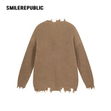 Khaki and Gray Cotton Acrylic Blend Frayed Edge Embroidered Patch Oversized Crewneck Knit Sweater