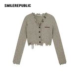 Gray Green Polyester Blend Distressed Trim Cropped V-Neck Button Front Knit Cardigan for Women