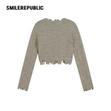 Gray Green Polyester Blend Distressed Trim Cropped V-Neck Button Front Knit Cardigan for Women