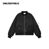 Black Rhinestone Embellished Shimmer Polyester Woven Ruched Sleeve Full Zip Bomber Jacket
