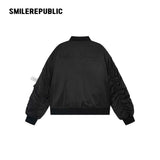 Black Rhinestone Embellished Shimmer Polyester Woven Ruched Sleeve Full Zip Bomber Jacket