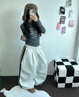 SHEEP FLEECE 🐑🧸 SNAP TRACK 3 LINE PARACHUTE LONG WIDE PANTS 🩶🖤 2COLOR