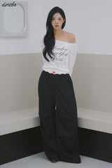 Lace lettering wide casual banding pants