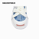 Light Blue Plaid Denim Smile Toe Platform Sneakers, Unisex Lace Up Shoes