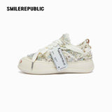 Cream Frayed Textured Low Top Sneakers, Unisex Lace Up Shoes