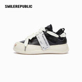 Black Frayed Trim Platform Sneakers with Interchangeable Smile Toe, Low Top Lace Up