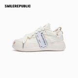 White Frayed Canvas Platform Sneakers, Unisex Low Top Lace Up Shoes
