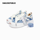 Light Blue Plaid Denim Smile Toe Platform Sneakers, Unisex Lace Up Shoes