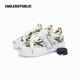Black and Cream Frayed Tweed Platform Sneakers for Men and Women, Low Top Lace Up Shoes