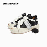 Black Frayed Trim Platform Sneakers with Interchangeable Smile Toe, Low Top Lace Up