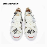 Black and Cream Frayed Tweed Platform Sneakers for Men and Women, Low Top Lace Up Shoes