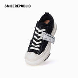 Black Frayed Canvas Rechargeable Light-Up Platform Sneakers, Low Top Lace Up