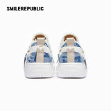 Light Blue Plaid Denim Smile Toe Platform Sneakers, Unisex Lace Up Shoes