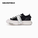 Black Frayed Canvas Rechargeable Light-Up Platform Sneakers, Low Top Lace Up