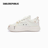 White Frayed Canvas Platform Sneakers, Unisex Low Top Lace Up Shoes