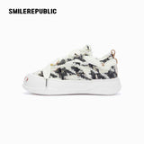 Black and Cream Frayed Tweed Platform Sneakers for Men and Women, Low Top Lace Up Shoes
