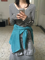 Wish Stripe U-Neck Long-Sleeve T-Shirt (6c)