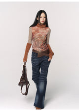 CONFUN Design sense three-dimensional cat whiskers, aged washed flared jeans style