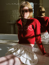 rirri 100% Merino Wool Jacquard Cropped Zipper Cardigan in Brightening Scarlet